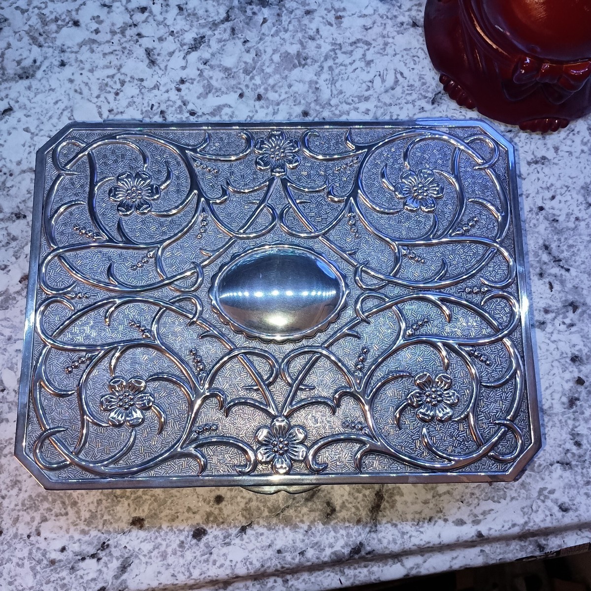 Late 20th Century Vintage Godinger Jewelry Box Silver Plated Red