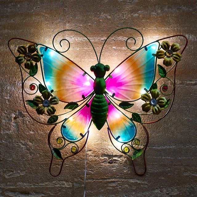 Outdoor Garden Solar Powered Butterfly Metal Large Wall Art Light 66 X