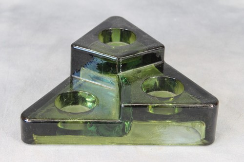 Vintage Danish Mid Century Heavy Green Glass 3 Candle Tealight Holder Triangular - Picture 2 of 5