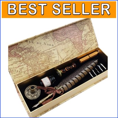 Handcrafted Antique Feather Quill Pen with Seal Stamp & Black Ink Bottle