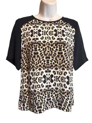 A.L.C. Lizzy Leopard Silk Blouse Women's Size 2 Black Raglan Short Sleeves