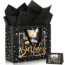 13" Birthday Gift Bag with Tissue Paper and Greeting Card Large Black and Gol...