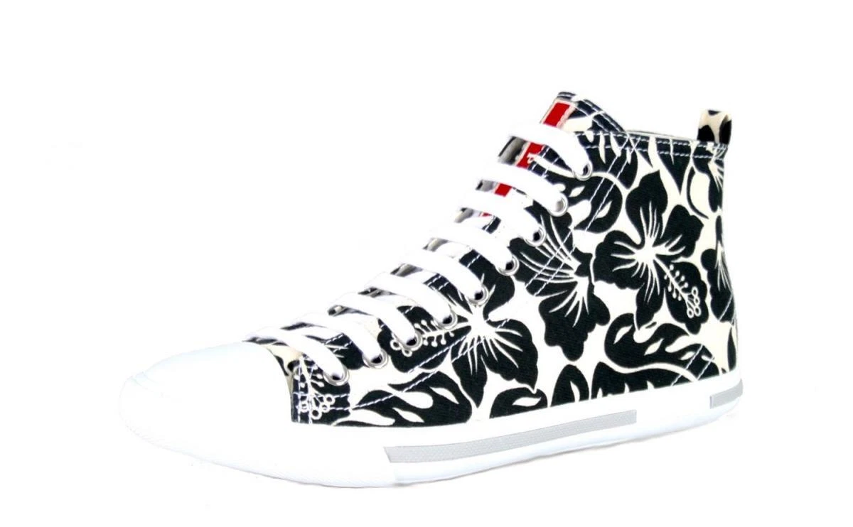 PRADA Hibiscus Canvas Linea Rossa Sneaker 3T5731 Weiss Schwarz NEU - 38,5 39