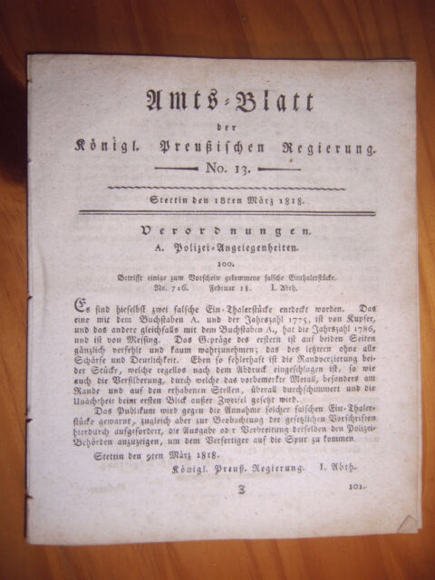 Stettin 18.3.1818 Zeitung Pommern ausgewiesene-Vagabunden-Demmin