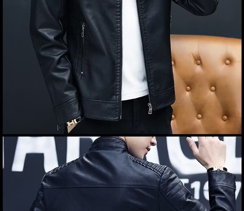 Men's Slim Stand Collar Motorcycle Faux Leather Biker Jacket Zipper Coat Outwear - Picture 9 of 17