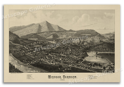 1886 Windsor Vermont Vintage Old Panoramic City Map - 24x36