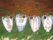 Rustic Blue Country Christmas 4 Hearts Handmade Gift Wreath Accents Ornaments