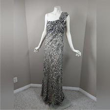 ABS Allen Schwartz Silk Leopard One Shoulder Gown Dress Size 6 Formal Evening