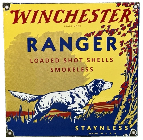 VINTAGE WINCHESTER PORCELAIN SIGN, AMMO, 12 GAUGE SHELLS, BIRD HUNTING, SHOT GUN