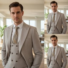 3Pcs Men's Suits Tuxedos Beige Dinner Party Wear Coat Jacket Peak Lapel Tuxedos