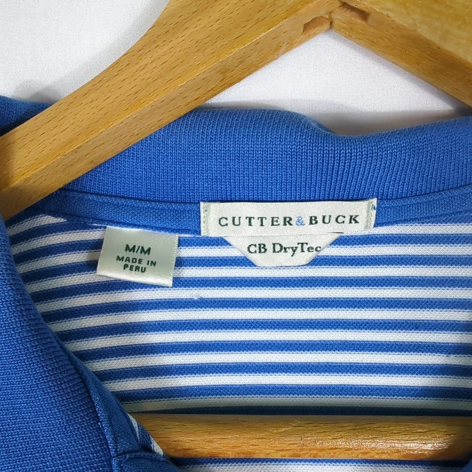 CUTTER & BUCK CB DRYTEC Blue White Striped Polo Golf SHIRT Men's M - Image 4 of 4