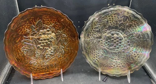 VINTAGE CARNIVAL PAIR OF IMPERIAL GRAPE CLAM. LOW RUFFLED BOWL & MAR. FLAT PLATE