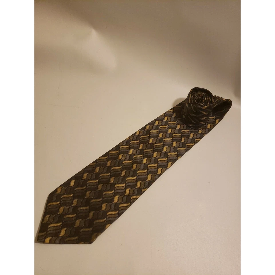 Bachrach Men's Neck Tie Blue Tan Geometric 100% Silk Made in Italy Career - Изображение 4 из 4