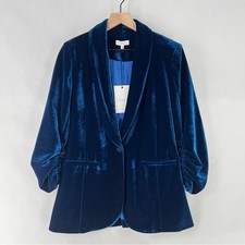 SEDGE Midnight Blue Velvet Womens Blazer Ruched 3/4 Sleeve 1 Button Size XS