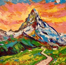 Original Acrylic Painting: Sunny Mountain Landscape, 12x12 inch, Nature Art