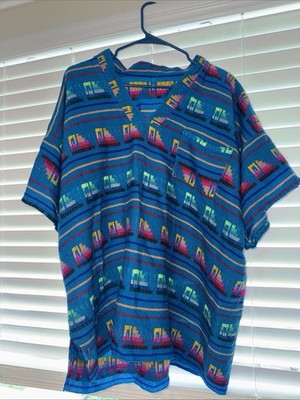Men's Blue Aztec Print Top L/XL Preloved Fashion Embroidered Design