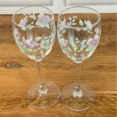Vintage PAIR Arcopal Luminarc Madę in France Lavender Flower 9'' Wine Glasses EUC
