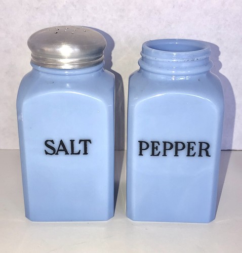 Vtg McKee Delphite Blue Salt + Pepper SHAKERS Square Missing 1 Lid