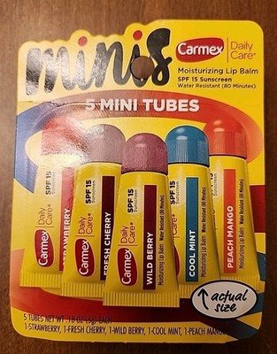 Carmex Mini Tubes 5 Pack Strawberry Cherry Wild Berry Mint Peach Mango SPF 15