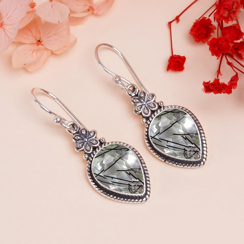 Black Rutilated Quartz Gemstone Handmade 925 Sterling Silver Jewelry Earrings - Image 3 of 4