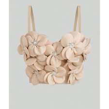 Shein 3D Floral Rhinestone Bustier Crop Top Womens L Champagne Satin Corset Y2K