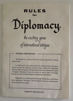 Rules for Diplomacy, 1971, Games Research Inc - (VINTAGE) Rule Book Only, G+