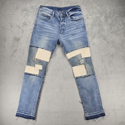 MNML Jeans Men's Size 31 Blue Deconstructed Patchwork Distressed Button Fly