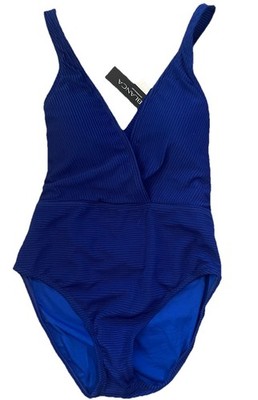 La Blanca Cross Back One Piece Blue Ribbed Tummy Control Swimsuit 10 $125 NWT 