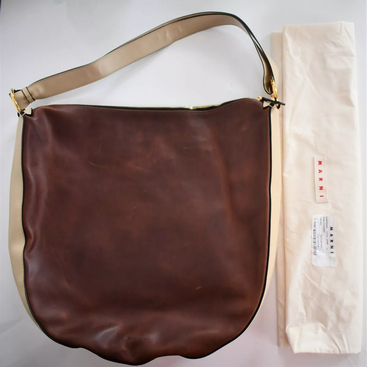 MARNI HARP Brown Cream COLORBLOCK Calf Leather OVERSIZED Shoulder Tote Hobo Bag