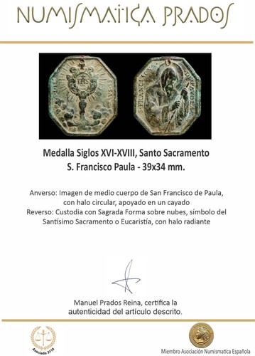 Medalla Siglos XVI-XVIII, Santo Sacramento / S. Francisco Paula - 39x34 mm. - Bild 3 von 3