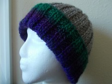 Hand knitted cozy and warm beanie/hat, taupe gradient green and purple tones