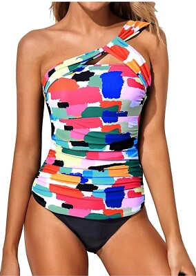 Tempt Me Two Piece Women's Color Block Tankini Size M One Shoulder Swimsuit 