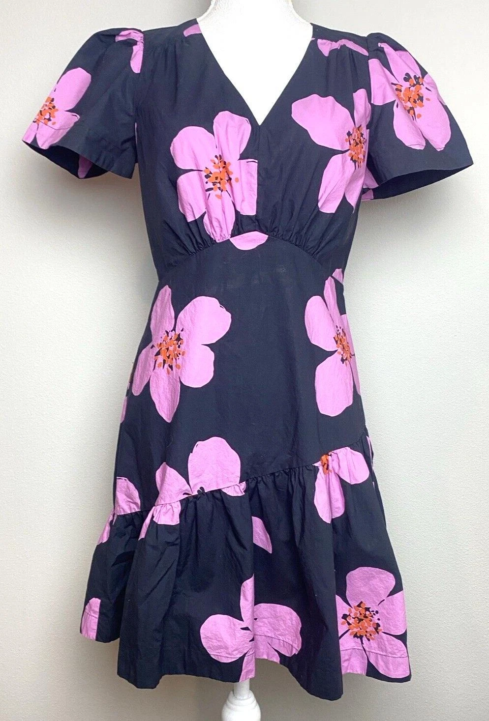 Abito donna Kate Spade Grand Flora aderente e svasato taglia 2 rosa navy cotone