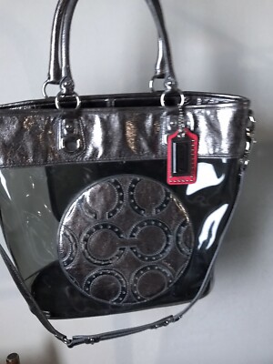 COACH JULIA TRANSPARENT CLEAR OP ART PERRY SMOKE SILVER TOTE BAG/WALLET SET