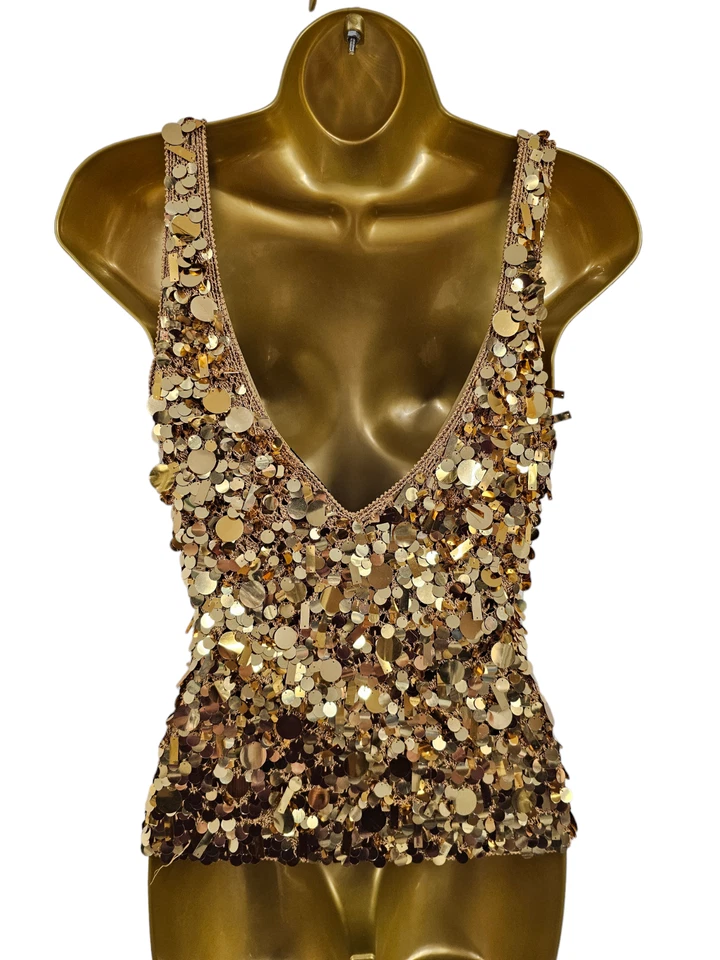 Vintage Karen Millen 2 UK 10 Gold Sequin Dazzling Crochet Knit Party Cami Top - Image 3 of 4