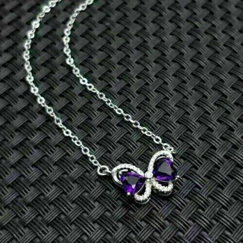 14K White Gold Plated 3.2Ct Heart Created Amethyst Butterfly Pendant Free Chain - Picture 2 of 4