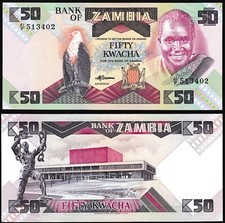 Zambia 50 kwacha 1986-1988 Fish Eagle Bird President Kaunda P28 Prefix 41/F UNC