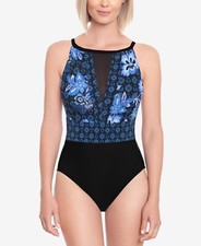  99 Swim Solutions High-Neck Mesh-Insert Tummy-Control One-Piece Swimsuit Navy 8