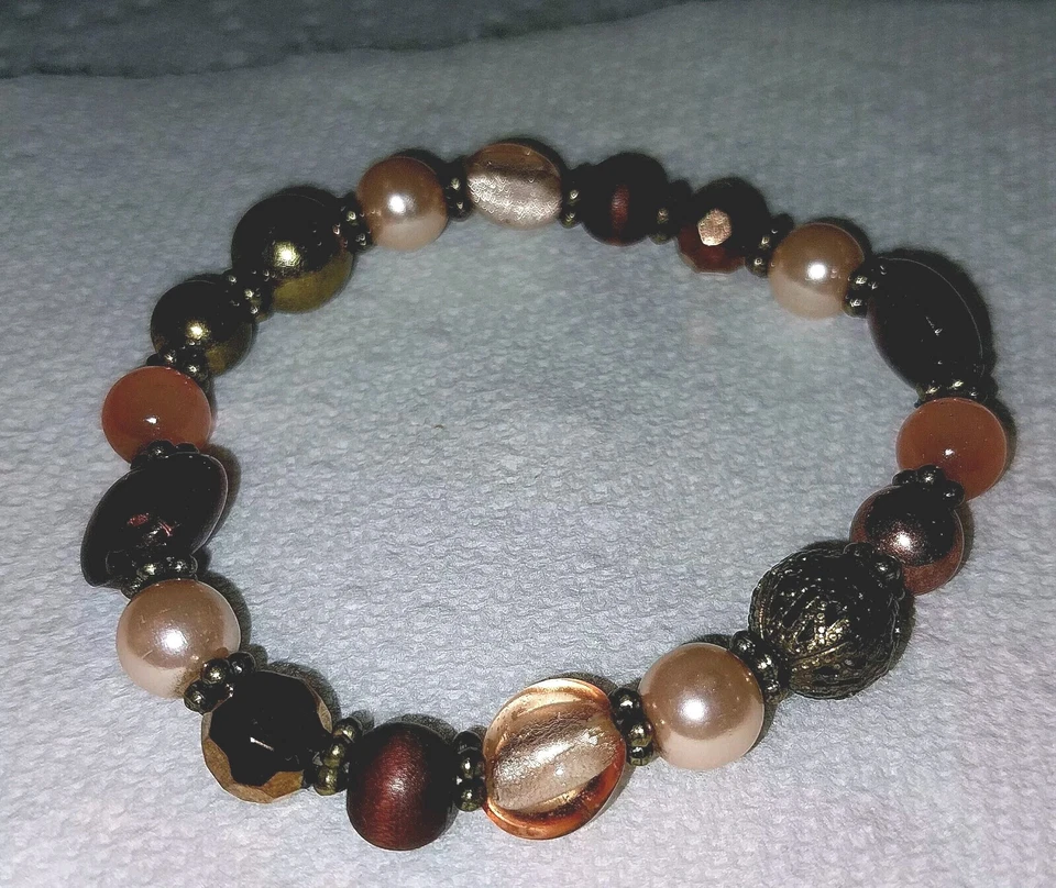 Pulsera de cuentas de vidrio multicolor vintage ojo de tigre peltre rosa perla elástica Foto 3 de 4