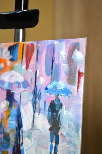 Original City Scene with Umbrellas – 10x10 Acrylic Painting, Signed OOAK - Picture 4 of 6