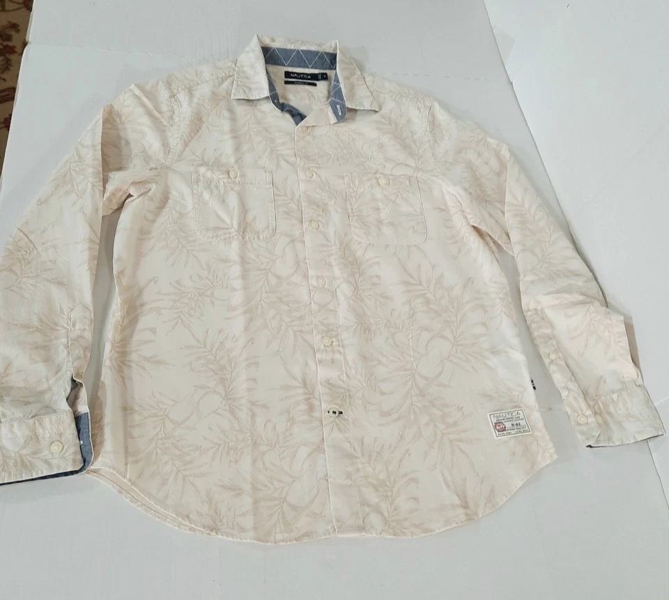 Nautica Classic LS Flip Cuffs Bamboo Leaf Print Button Down Shirt Men M Runs Big - Image 3 of 4