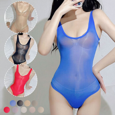 Womens Glossy Sheer Bodysuit Jumpsuit Crotchless Bodystocking Babydoll Nightwear
