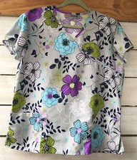 MetroScrubs Wm. M Aqua Purple Olive Floral Scrub Top Nursing Uniform Vet V-Neck
