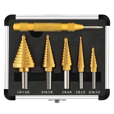 Step Drill Bit Set 5Piece TitaniumCoated with Automatic Center Punch  Short L...