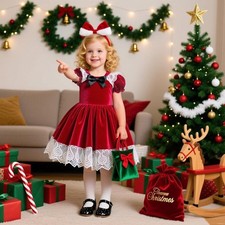 Christmas Kids Baby Girls Infant Toddler Red Velvet Bubble Sleeve Princess Dress