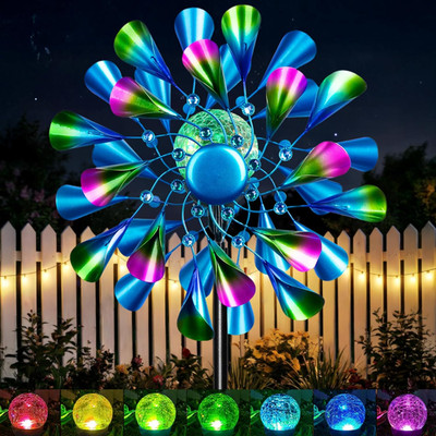 Solar Wind Spinner Outdoor Metal - Peacock Kinetic Garden Sculptures with Col...