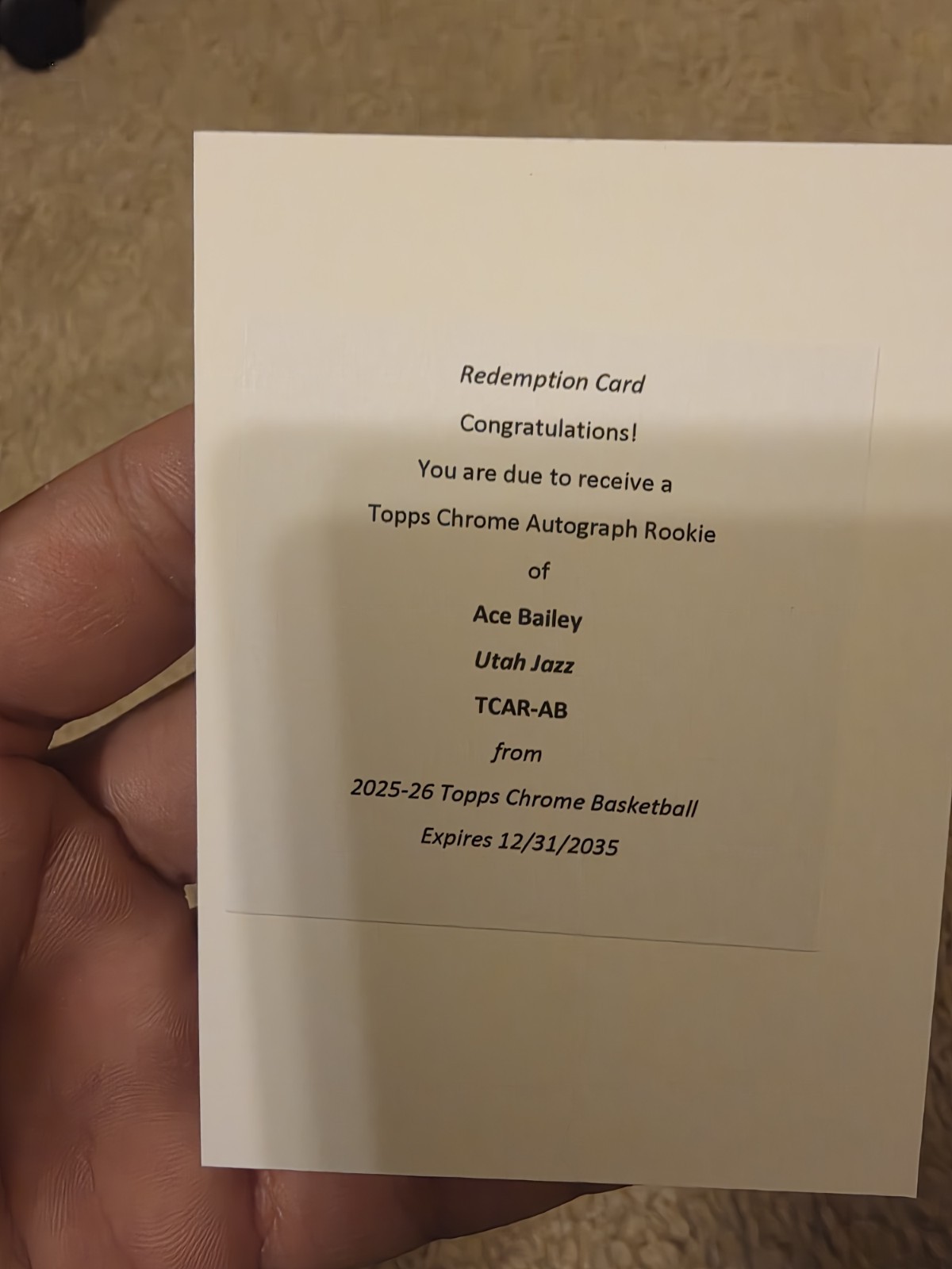 2025-26 Topps Chrome - Ace Bailey - Rookie Auto Redemption - Utah Jazz TCAR-AB