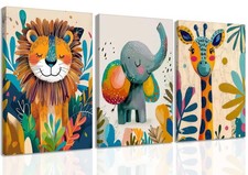 3Pcs Safari Animal Nursery Canvas Wall Art Cute Elephant Giraffe Lion Picture...