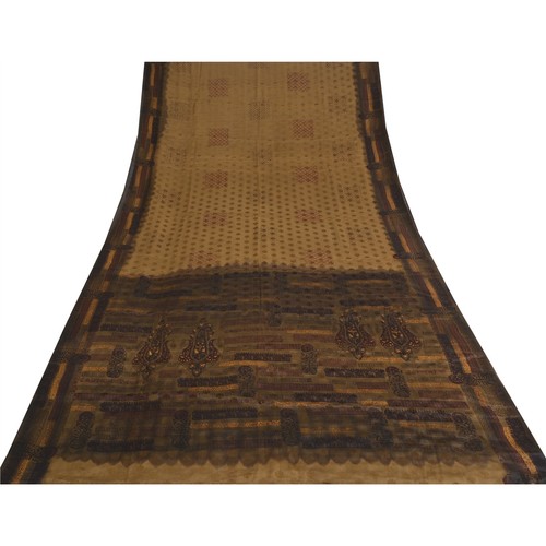 Sanskriti Vintage Sarees Brown Pure Crepe Silk Printed & Woven Sari 6Yd Fabric - Picture 9 of 12