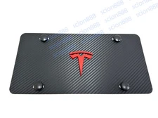 1pc 3D Red TeslaLogo Emblem Carbon Style Aluminum Vanity Front License Plate